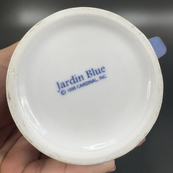 1995 Jardin Blue Cardinal Ceramic Coffee Mug Cup Set 2 Blue White Fruit Cherry - Picture 6 of 15
